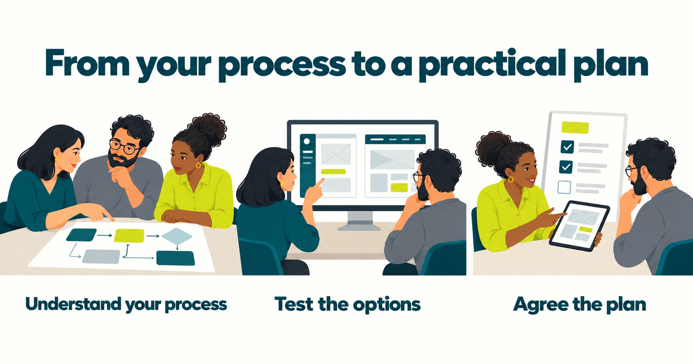 Workshop process: understand your process, test the options and agree the plan.